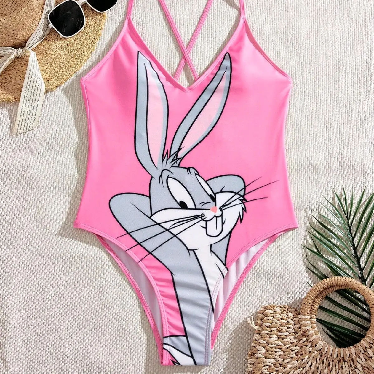Bugs Bunny Women's High Elasticity Knitted One-Piece Swimsuit with Straps Backless Design Crisscross Neckline Multicolor Cartoon Print Perfect for Beach Days