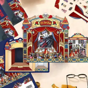 3PCS Crimson Moon Puppet Theater 3D Stickers - Creative DIY Gothic Dollhouse Decor for Educational Craft & Scrapbooking Stickers