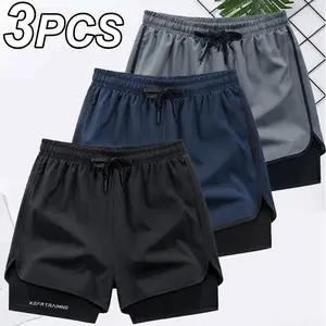 Men's 3PCS 2-in-1 Workout Shorts, Double Layer Quick Dry Gym Running Shorts with Pockets, Elastic Waist Athletic Shorts for Men, Sports Shorts for Training, Jogging, Basketball