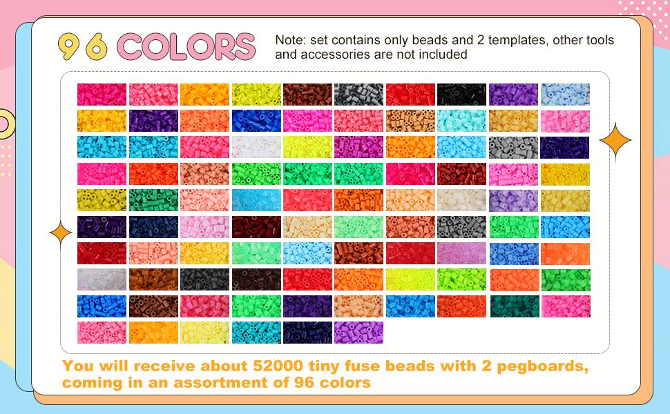 Lenwen 52000 Pcs Fuse Beads 96 Colors 2.6 mm Tiny Mini Fuse Beading Melty Beads with Pegboards Creative Refill Set Art Crafts for Girls Kids Beginners DIY Art Beading Party