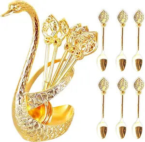 Coffee Spoon Set with Swan Base Holder, Metal Swan Base Holder Spoon Organizer with 6 Spoons, Small Delicate Spoons for Coffee Fruit Dessert Ice Cream Cake (Gold)