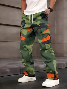 One-piece classic green-orange camouflage spliced men's cargo pants with American retro style and multi-pocket design