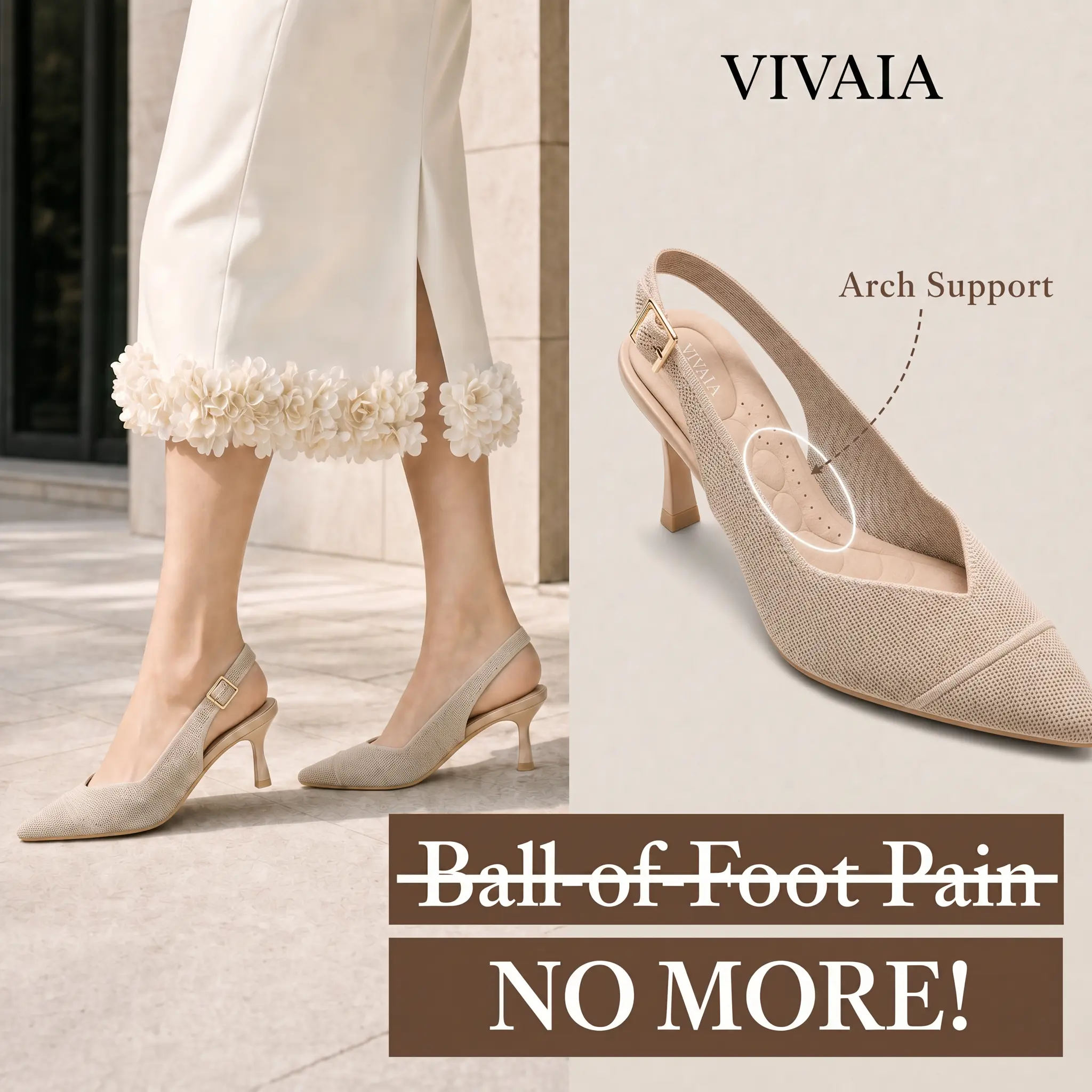 VIVAIA Arch support Heels, Pointed-Toe Slingbacks Heels, Pressure-Relief Insole & Adjustable Strap Comfortable Stilettos Heels, Comfortable Heels, Wedding Shoes, Office Heels, Wedding Heels, Cushioned heels, Kitten Heels (Addison)