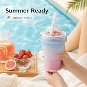 Foldable Silicone Slushy Cup with Lid & Straw, Reusable Ice Ball Maker Freezer Cup, Drinkware Tumbler for Smoothies, Iced Coffee, Juice, Summer Drinks, Kids Adults, Pool Party Beach Camping