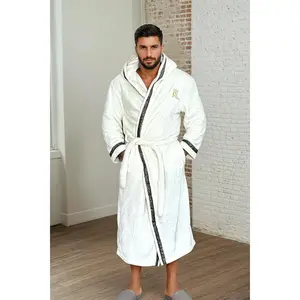 Royalty Robes Off White Hooded Royalty Robe Soft Fleece Mens Bathrobe with Gold Greek Key Trim & Gold Logo Embroidery Casual Loungewear Beige Long Sleeve