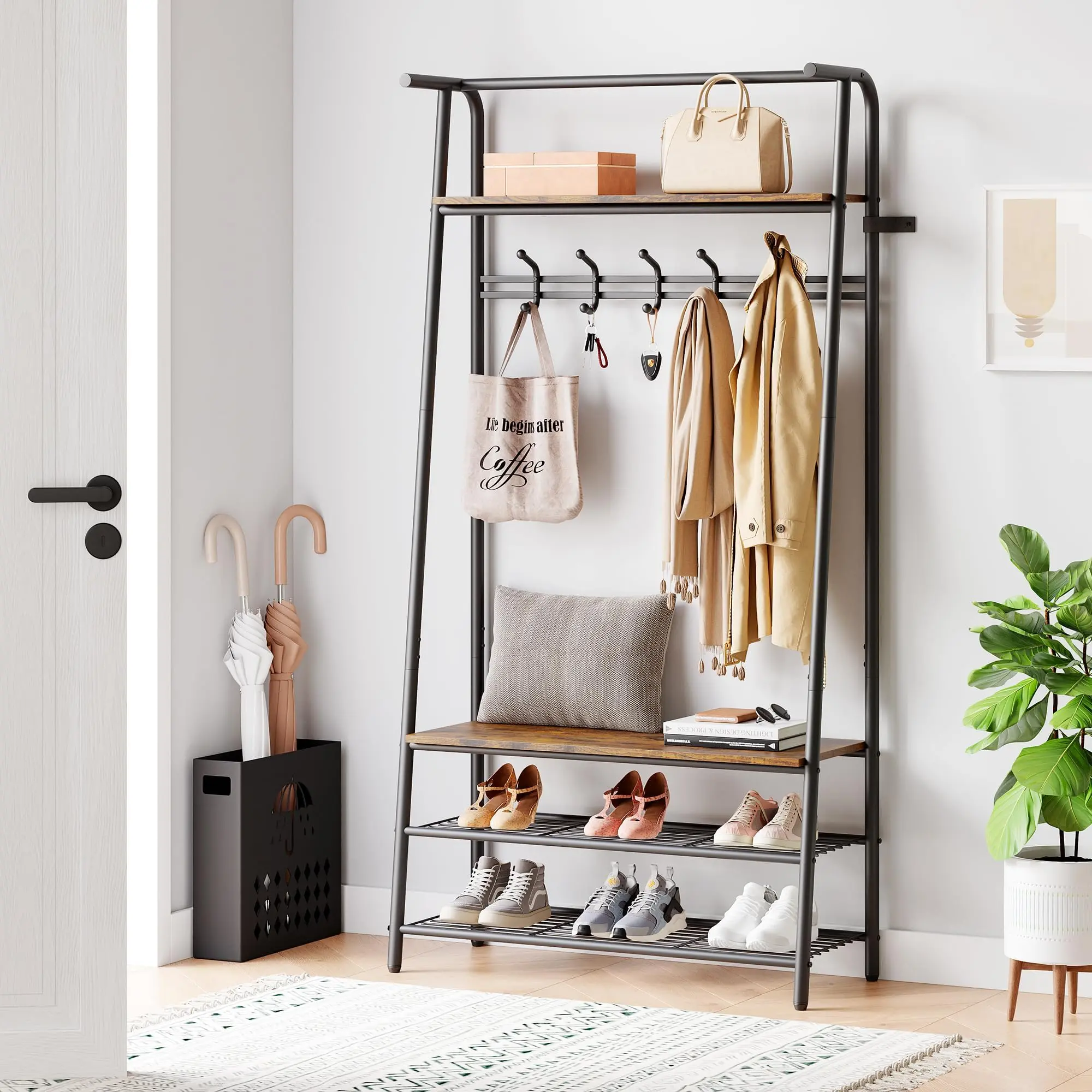 4-in-1 Hall Tree Coat Rack with Shoe Storage Bench, 10 Hooks & 3-Tier Shoe Rack – Sturdy Metal Frame Freestanding Organizer for Hallway, Brown (31.5in, Single Row)