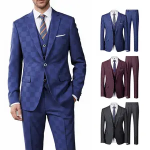 Men’s 3-Piece Suit Set – Slim Fit Blazer, Vest & Pants with Checkerboard Pattern, Formal Business & Wedding Outfit