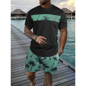 2Pcs Men's Tropical Coconut Tree Print Casual Outfits - Crew Neck Short Sleeve T-shirt & Drawstring Shorts Set For Summer Vacation Resorts Clothing Tops Suits Fabric Menswear Black Polyester