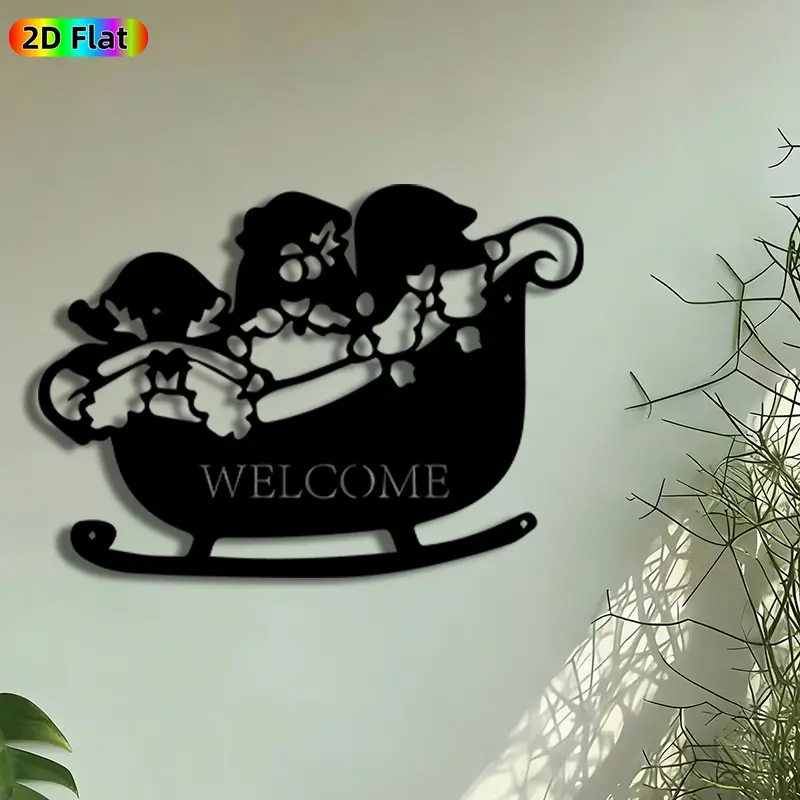 1pc Santa Sleigh Welcome Metal Wall Art, Christmas Sleigh Statue Mural, Intricate Craftsmanship, Artistic Metalwork, Perfect for Christmas, New Year Decor, Perfect for Living Room Porch Wall Holiday Decor, Ideal Gift for Christmas Enthusiasts.