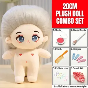 20cm Plush Cotton Doll DIY Set - Complete 7-Piece Set with Bare Doll, Blush Powder, Blush Brush, Comb, 2 Pairs Hair Clips, 8 Elastic Hair Ties & Cute Floral Dress - Kawaii Dress-Up Toy Gift for Girls, DIY Craft Enthusiasts & Doll Collectors