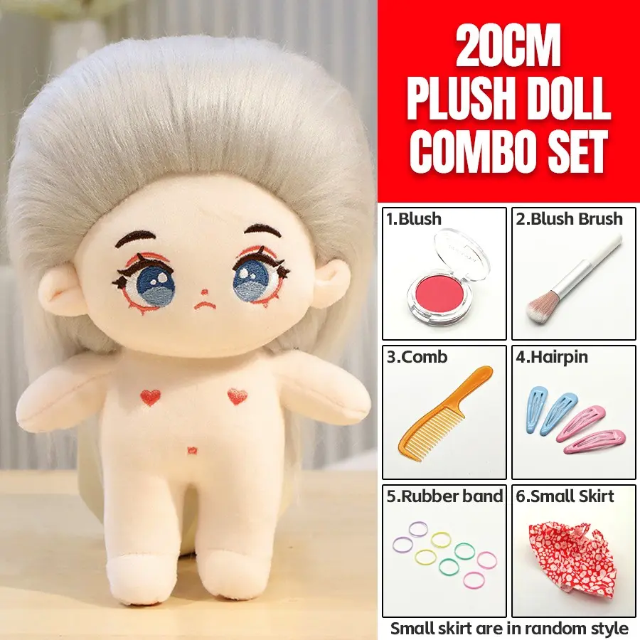 20cm Plush Cotton Doll DIY Set - Complete 7-Piece Set with Bare Doll, Blush Powder, Blush Brush, Comb, 2 Pairs Hair Clips, 8 Elastic Hair Ties & Cute Floral Dress - Kawaii Dress-Up Toy Gift for Girls, DIY Craft Enthusiasts & Doll Collectors