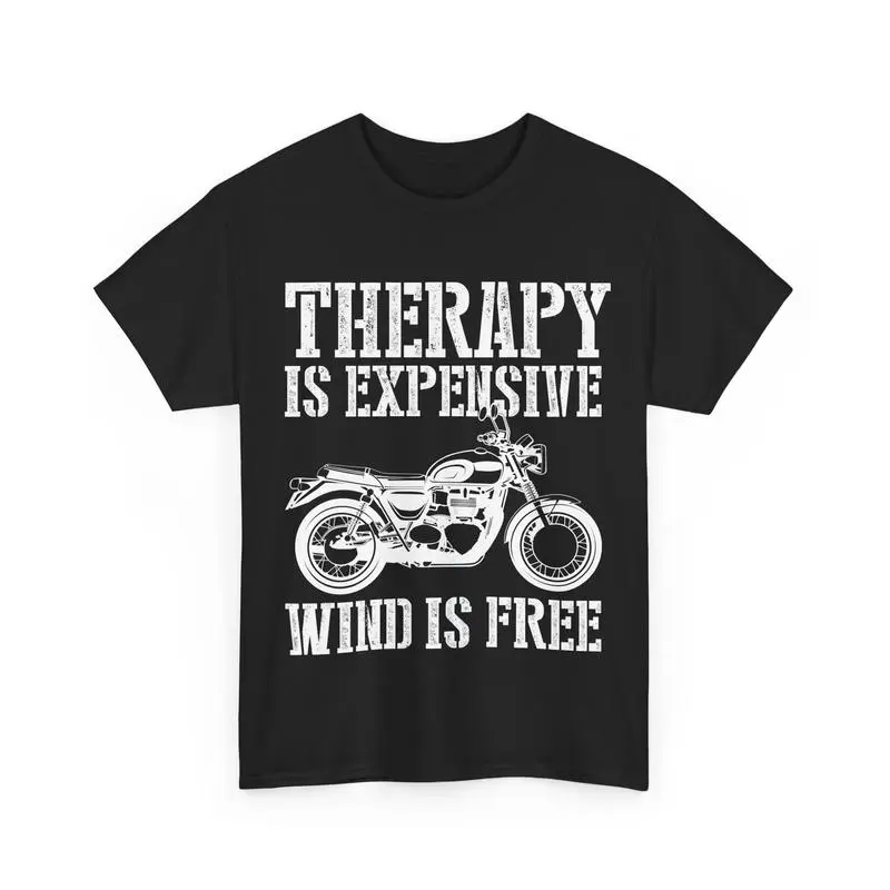 Men's Short-Sleeve Round Neck Cotton T-Shirt - Unisex Casual Biker Graphic Text Top with Funny "Therapy Is Expensive" Print, Cotton Fabric, Shortsleeve, Menswear, Streetwear, Motorcycle Print, Machine Wash, Humorous Quote, Crew Neck