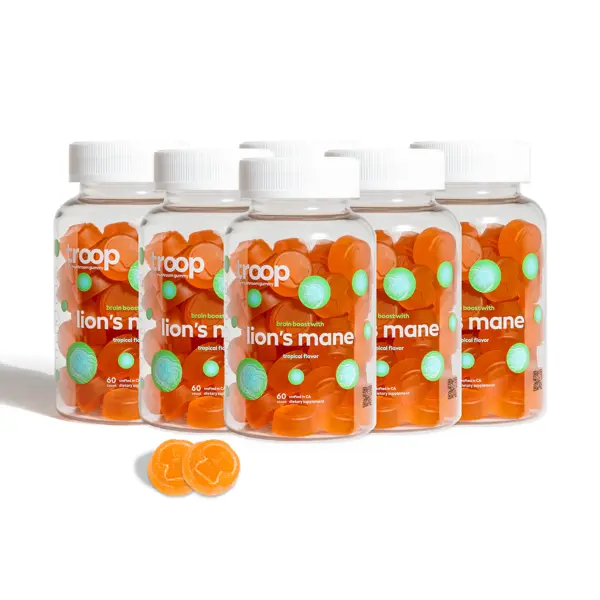 6 Bottle Bundle! Troop Lion's Mane Mushroom Gummies for Focus Mental Clarity & Memory Supplement 7000mg Triple Extracted Vegan Tropical Flavor 60 Count Boosts NGF for Brain Health