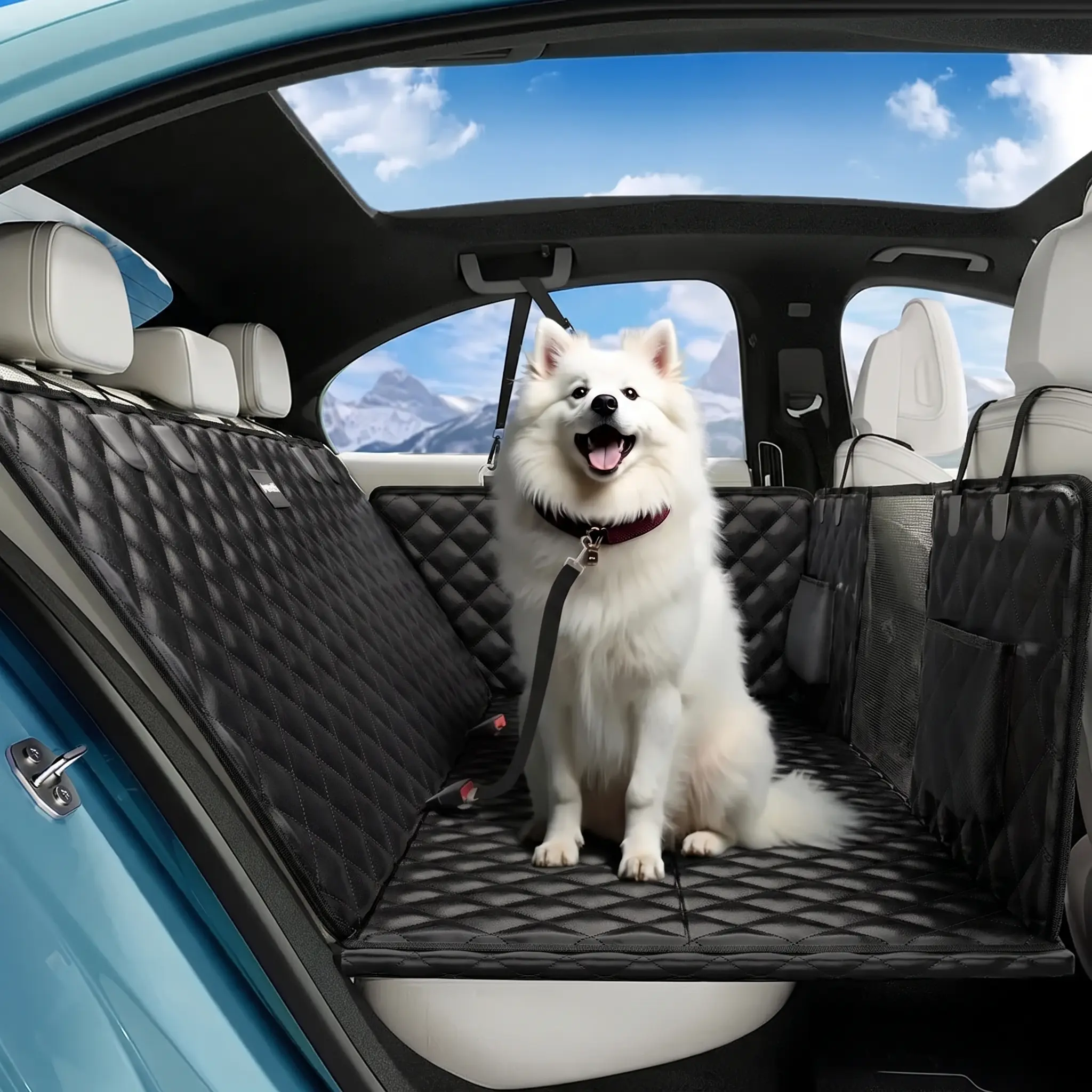 Hard Bottom Dog Car Seat Cover Hammock - Waterproof, Scratchproof Backseat Accessory for Travel, Expandable Space with Mesh Window, Non-Slip, Easy Clean, Multi-Use for Most Cars, SUVs, Trucks, Fits Most，Soft Pet Car Seat