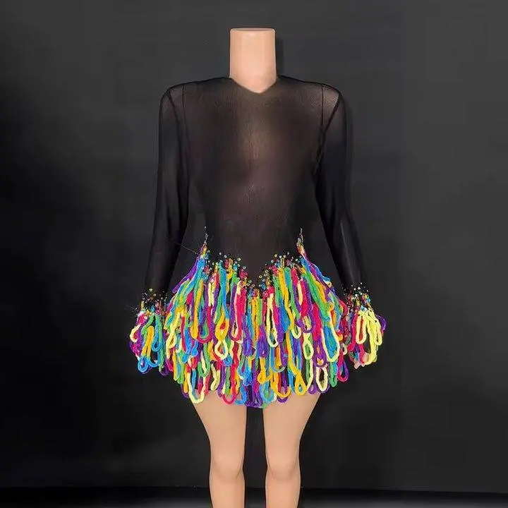 Rainbow Rhythm LGBT Mesh Dress - Medium Size with Colorful Fringes and Black Top