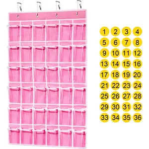 Classroom pocket chart with 36 clear pockets for cell phones; pocket chart organizer with calculator holder and 36 number stickers; hanging cell phone organizer for classroom (pink)