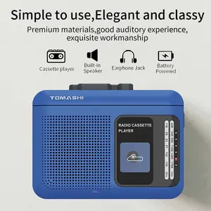 TOMASHI Portable AM/FM Radio Cassette Player - Tape-to-USB Recording, 200mW Speaker, Battery or USB Powered, 3.5mm Jack, Compact Retro Design (Blue, 4.7×3.4in)