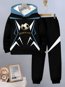 2026 New Boy Lightning Football Print Hoodie Set, Blue Colorblock Loose Sweatpants Two-Piece, Casual Spring & Fall Wear