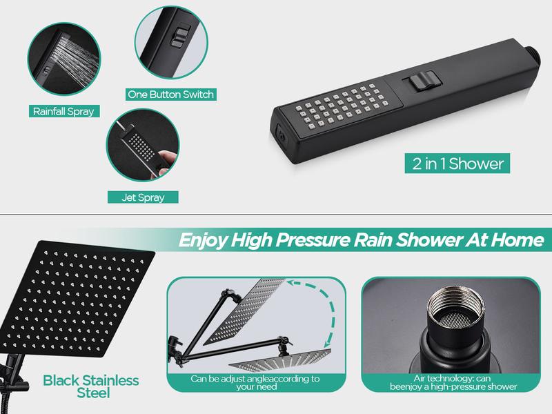 Shower Head Combo,10 Inch High Pressure Rain Shower Head，Adjustable Extension Arm, Spray with Long Hose & Tools, Shower Equipment for Home Springtok
