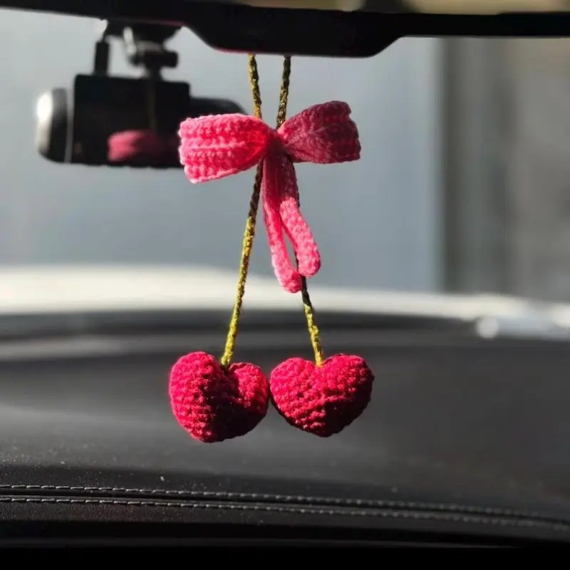 Crochet Heart Cherry Car Interior Mirror Hanging Decoration, Car Interior Decorative, Car Decorations Interior, Cute and Adorable Car Accessory, Car Accessories Cute, Perfect Gift for Car Lovers