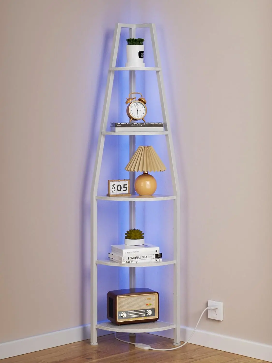 Durable White 5-Layer LED-Lighted Modern Decorative Freestanding Corner Ladder Shelf - 67.2in Tall Narrow Unit, Metal Frame, Wooden Racks, Adjustable, 25kg Load Capacity, Storage System Shelves for Bedroom, Living Room