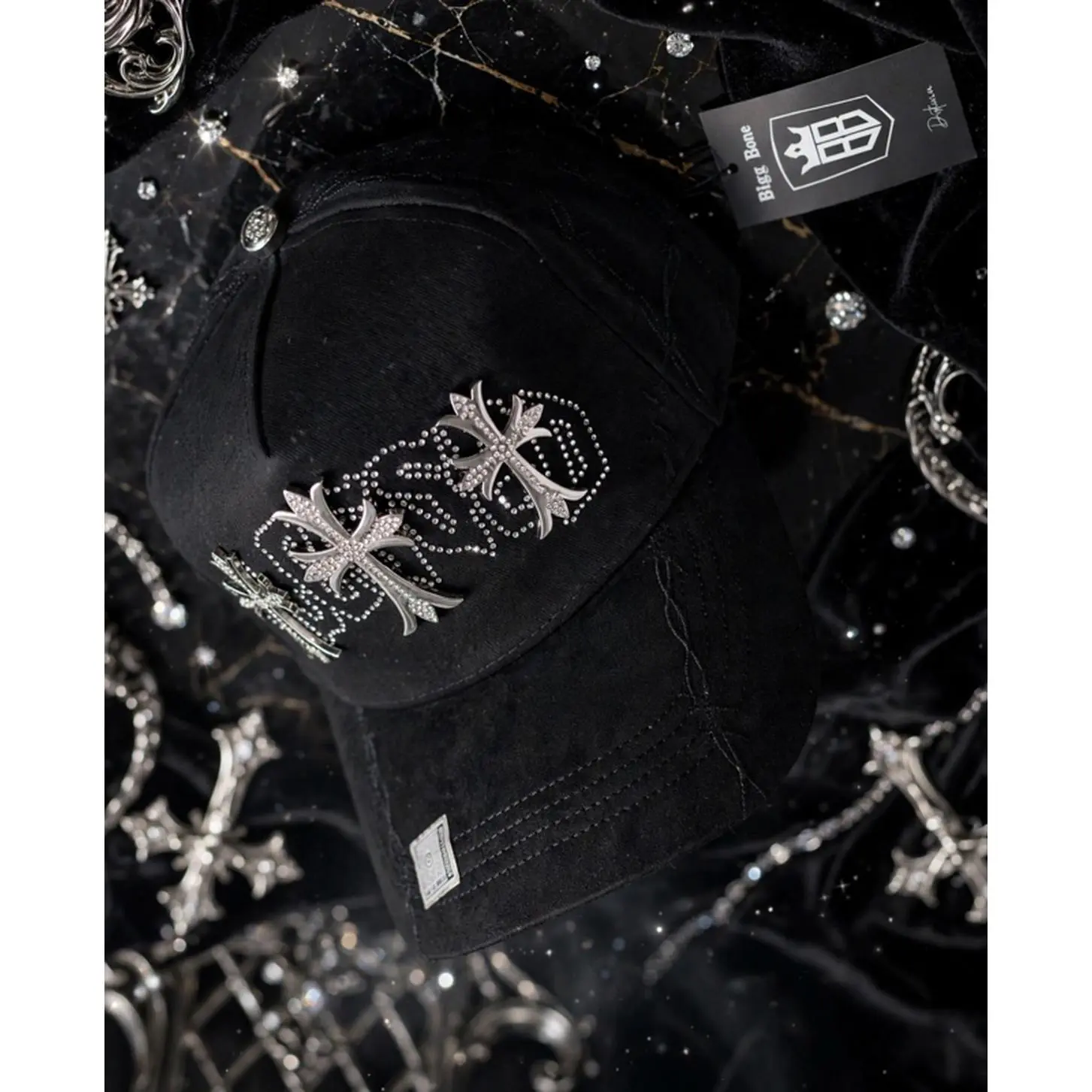 Big Boss Black Baseball Cap with Silver Cross Design and Rhinestones