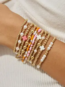 Vintage Style Beaded Bracelets Set, Artificial Pearl Charm Bangles, Elastic Cross Decor Stackable, Women's Daily & Holiday Jewelry Gift