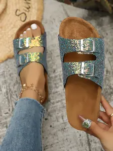 Women's Glitter Sequin Sandals, Dual Buckle Softwood Flip Flops, Summer Outdoor Wear, Bold Style Roman Slippers, Casual PU Leather Shoes, Metallic Sandal