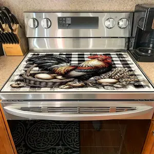 1pc Farmhouse Rooster & Wheat Basket Design Induction Cooker Protective Pad - Heat-Resistant Polyester Placemat, Rustic Kitchen Table Decor for Stove, Country Style Dining Table Mat for Home & Farm Settings, Stove Top Protector, Decorative Kitchenware