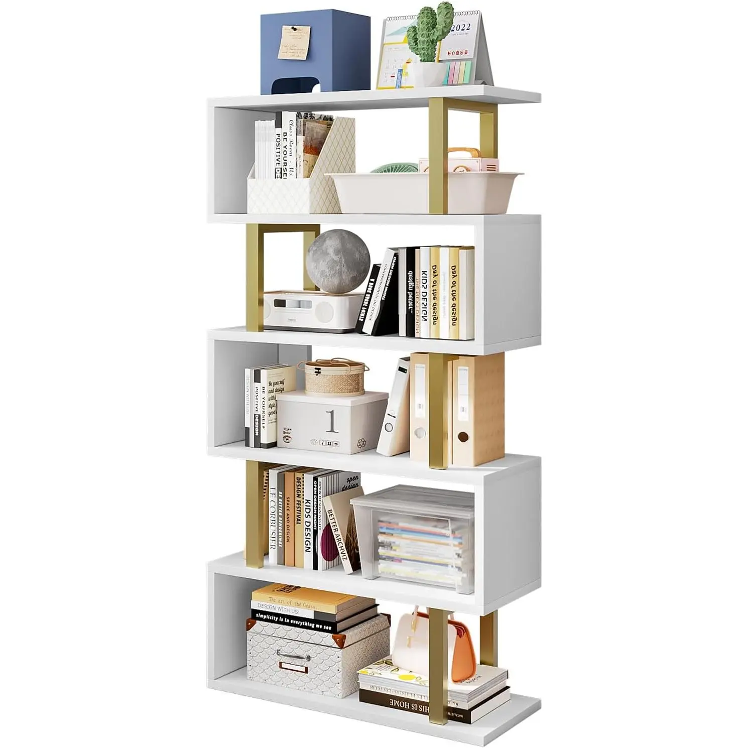 Modern 5-Tier S-Shaped Geometric Industrial Bookshelf - Synthetic Storage System, Anti-Falling White Display Stand, Assembly Required Office & Living Room Furniture