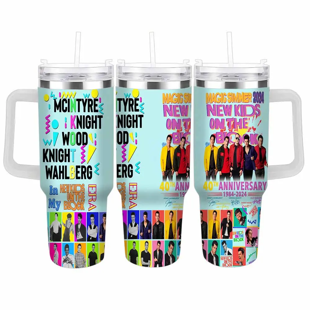 New Kids On The Block Retro Pop Theme Stainless Steel Insulated Plastic Tumbler - 40oz/30oz (600-1200ml) Tumbler-Shape Vacuum Flask with Lid, Straw, Leak-Proof Handle, Ideal for Concert Travel, Daily Commute