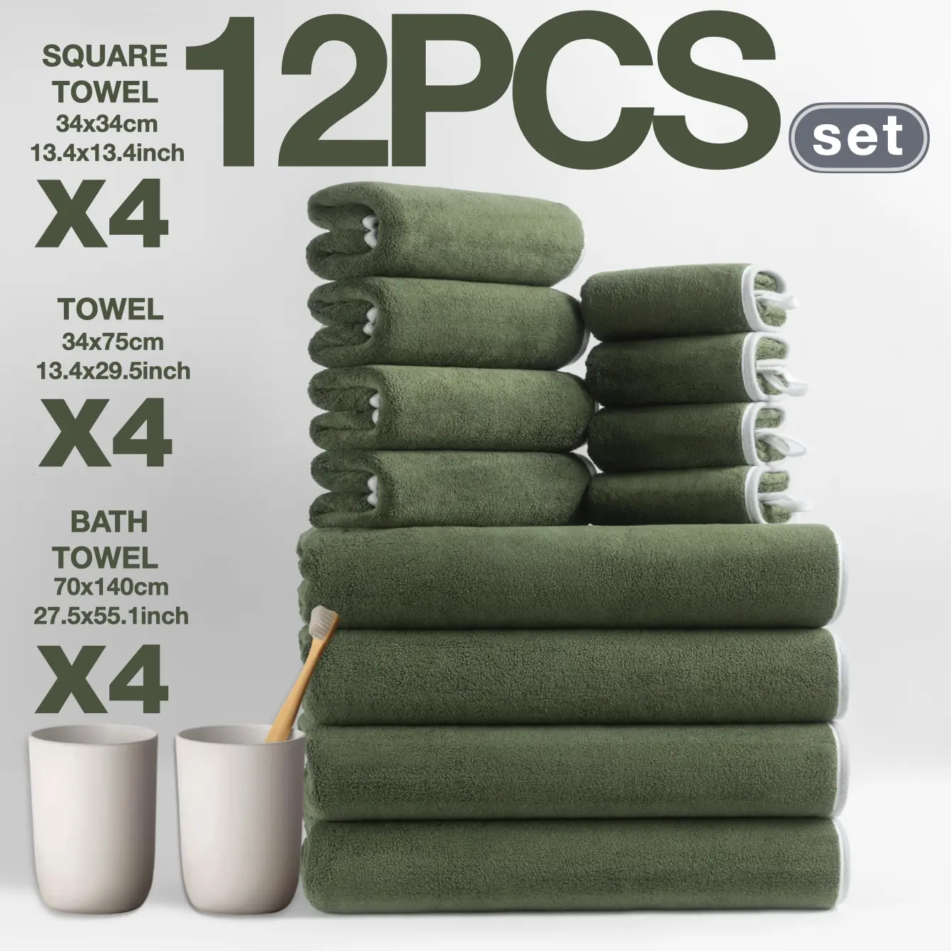 12-Piece Bath Set, Thickened Fall/winter Collection, Quick Drying Absorbent Thickened Towels, Towel Sets For Bathroom, Includes 4 Bath Towels (140x70 Cm), 4 Hand Towels (74x34 Cm), 4 Face Cloths (34x34 Cm)