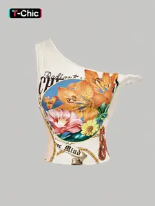 1 Spring Summer One Shoulder Floral Print Crop Top Women | Asymmetrical Backless Twisted Strap Slim Fit Cropped Tank | Y2K Retro Baddie Style for Vacation Beach Festival Daily Wear | Casual Tank Top
