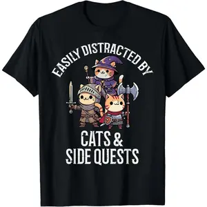Gamer Easily Distracted By Cats Side Quests Men Boys Kids T-Shirt