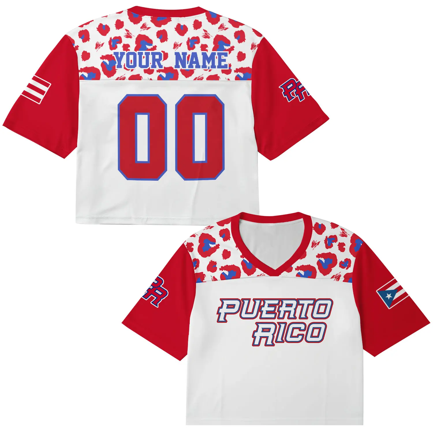 Personalized Puerto Rico Football Jersey Crop Top, Custom Name & Number Red White Jerseys, Button Front Shirt with Flag Patch for Women Fans, American Game Day Football Shirts for Her