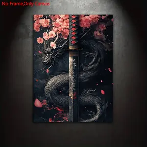 1 piece/set frameless, Decorative canvas painting print poster, oriental fantasy art, cherry blossom black dragon katana, gift for Japanese culture lovers, gift for home, mural, wall decoration, room decor