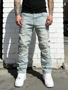 Men's Korean Style Hip-Hop High Street Casual Loose Fit Jeans, Distressed Washed Denim Jeans, All Seasons Fashion Long Leggings