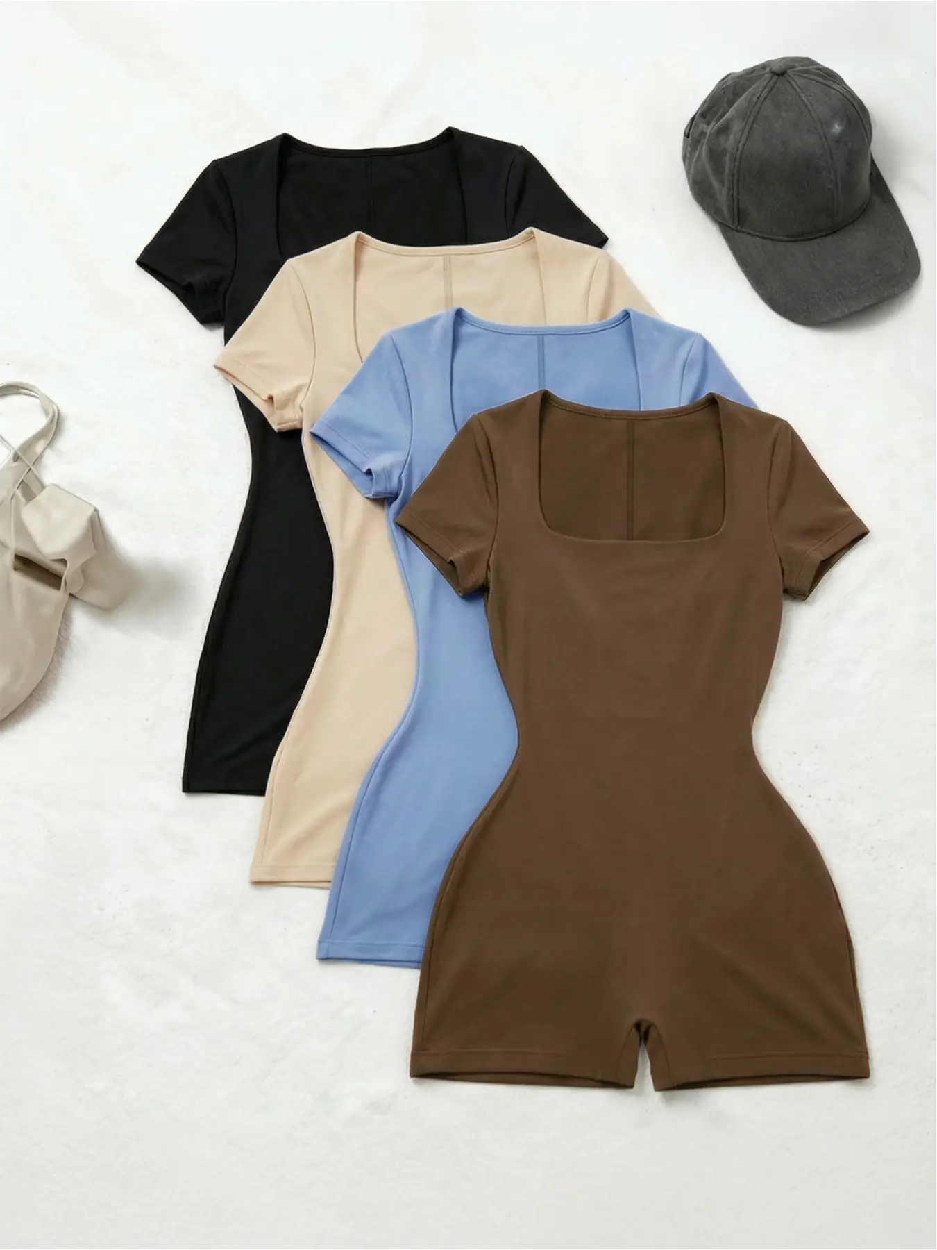 4-Piece set Square Neck High Waist Romper, Slim Fit Minimalist Bodycon Short-Sleeve Romper, Trendy Casual Womenswear for Everyday Wear