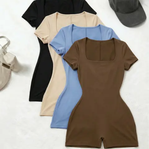 4-Piece set Square Neck High Waist Romper, Slim Fit Minimalist Bodycon Short-Sleeve Romper, Trendy Casual Summer Jumpsuits Womenswear for Everyday Wear Casual Fashion Romper