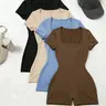 4-Piece set Square Neck High Waist Romper, Slim Fit Minimalist Bodycon Short-Sleeve Romper, Trendy Casual Summer Jumpsuits Womenswear for Everyday Wear Casual Fashion Romper
