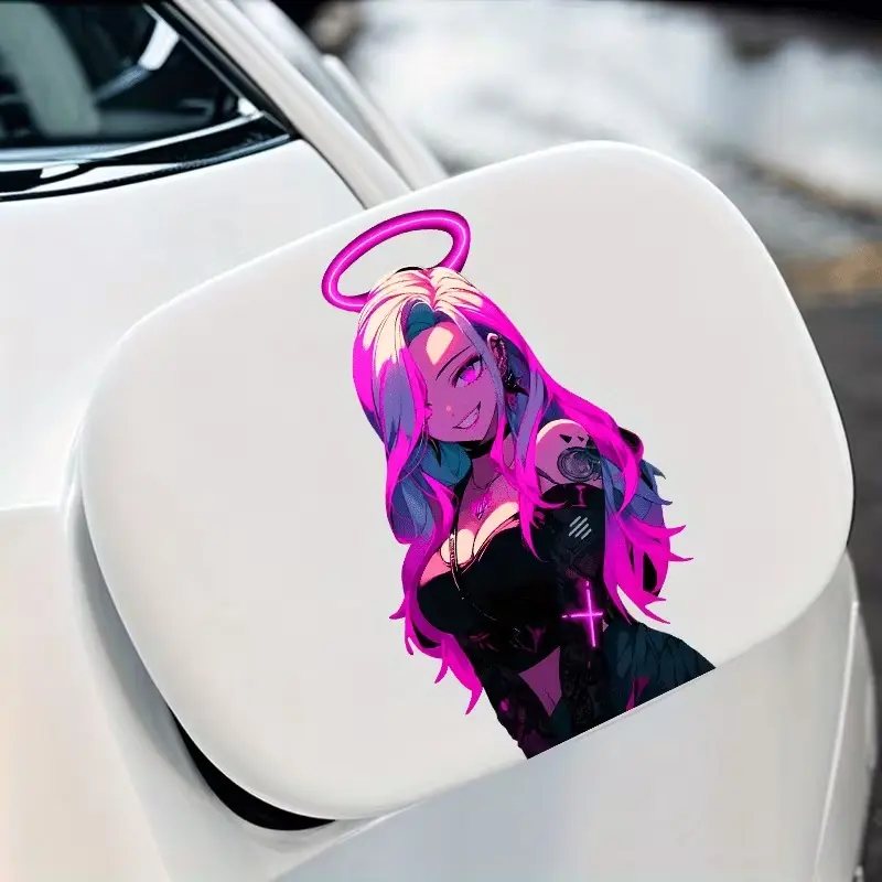Cyberpunk Angel Anime Girl Vinyl Sticker, Neon Pink Waifu Decal, Waterproof Laptop Water Bottle Sticker