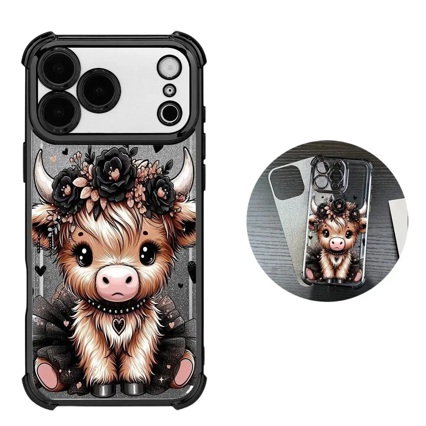 Floral Highland Calf Case for iPhone Samsung Galaxy 18 Pro Max 17 Air 16 15Plus 14 13 12 11 XR XS S25 S24 S23 S22 Cases Simple Heart Drawing Pattern All Seasons Durable Bumper, Protection Durable Phone case for Girl, Protective Silicone Cover.JY90