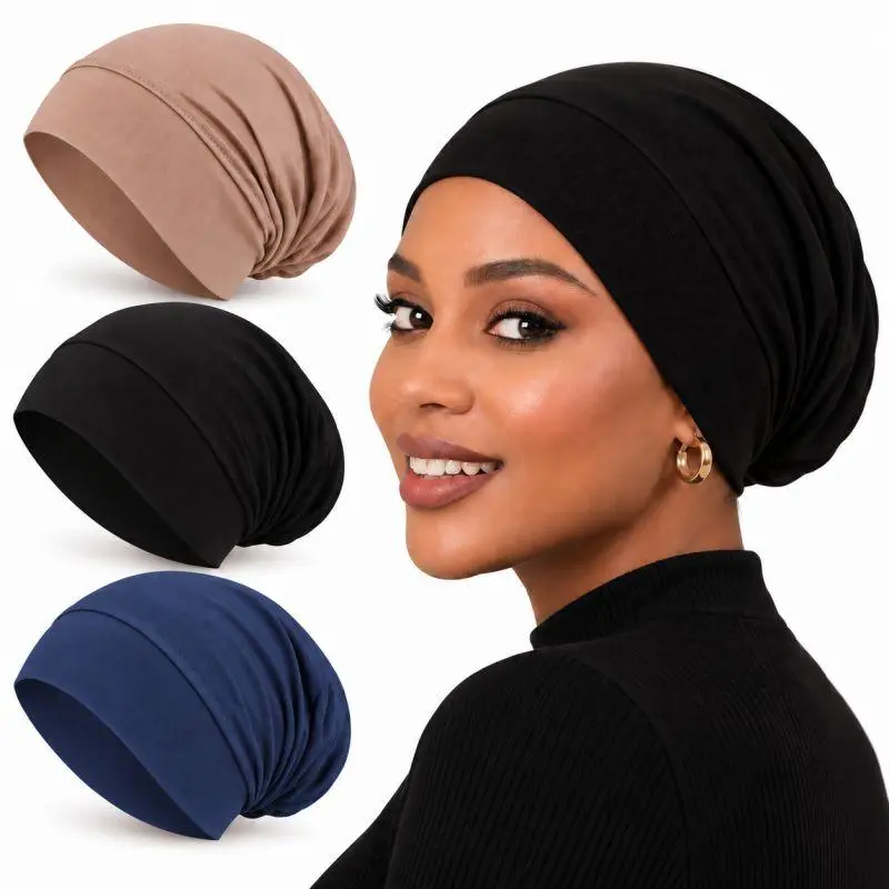 Humwam 3PCS Lightweight Breathable Solid Jersey Hijab Undercap, Women Flat Top Muslim Inner Head Cover, Daily All-Season Headwear for Abaya