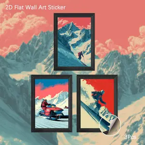 2D Flat Wall Art Sticker, 3Pcs PVC Self-Adhesive Framed Wallpaper, Retro Style Extreme Ski & Snowmobile Sports Illustration Wall Decals, Aesthetic Vintage Winter Adventure Art Wall Decor for Living Room, Bedroom, Man Cave, Perfect Gift for Ski Lovers