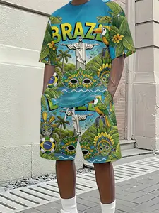 This men's summer Brazil-themed short-sleeved shirt and shorts set perfectly blends iconic Brazilian cultural symbols with street style, creating a resort-inspired, trendy, and breathable sporty casual look.