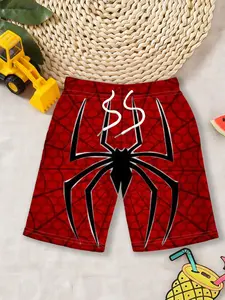 Boys' Beach Shorts "Spider-Man Suit Cool Style" Swimwear Shorts with Red Background, Black Spider + Cobweb Print + Drawstring Elastic Waist Design, Cool and Eye-Catching, Instantly Creating a Summer Pool / Beach Water-Playing Atmosphere!