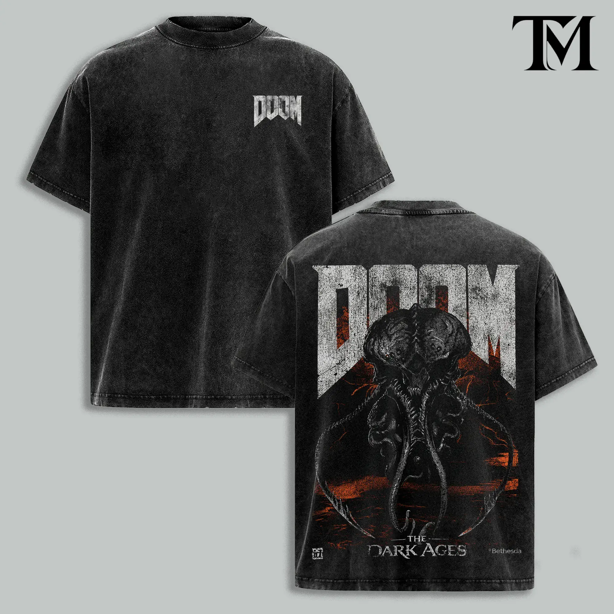 Doom The Dark Ages Acid Wash Tee, Vintage Heavyweight Oversized Graphic Shirt, Doom Slayer Merchandise, Retro Gaming Streetwear, Doom Eternal Fans Gift, Gothic Horror Gaming Apparel, Dark Fantasy Menwear.