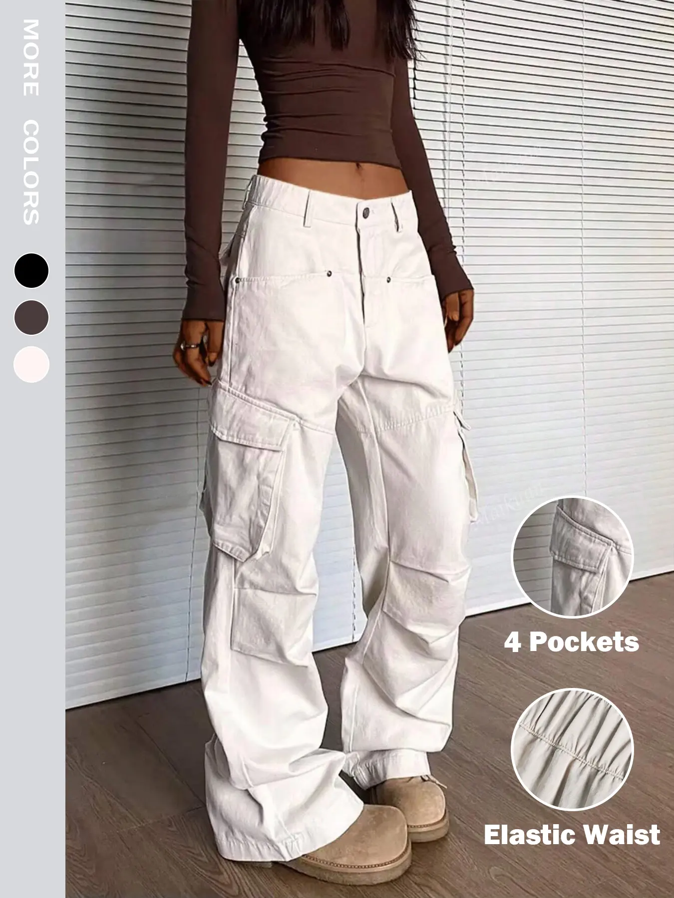 Women's Elegant Basic Solid Color Woven Fabric Elastic Waist Cargo Pants, Mid-Waist Straight-Leg Loose Fit Multi-Pocket Design Bottom, All-Season Comfortable Casual Wear, Casual Fashion Trousers