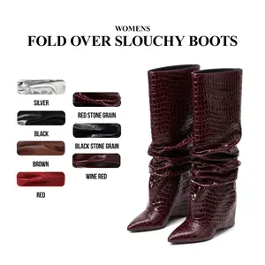 CYNLLIO Fold Over Boots for Women Slouchy Knee High Boots Pointed Toe Covered Wedge Heel Leather Boots Wide Calf Shark Spring Boots for Women