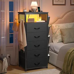LED Nightstand with Charging Station, USB Port, Power Outlets, Tall Night Stand Set of 2 with 5 Dresser Drawers, Side Table with Side Bag, End Table with Storage Shelf, Bedroom bedroom  furniture